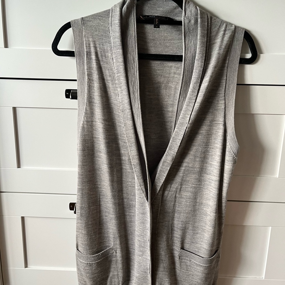 BCBG grey button down sweater vest, size medium